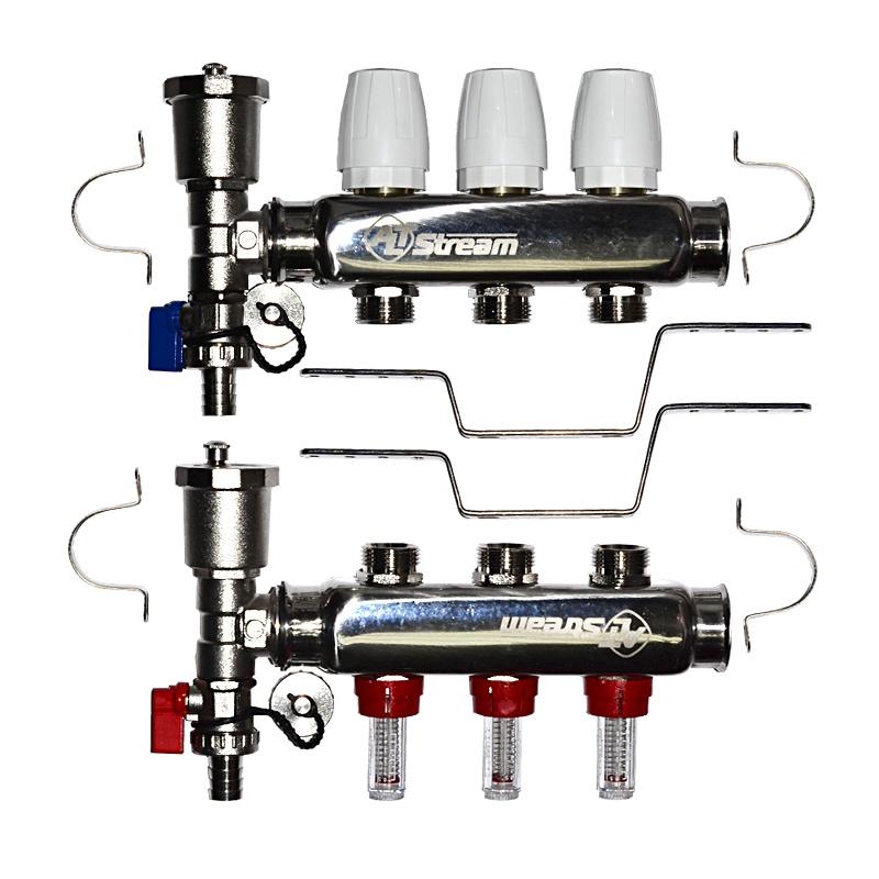Группа коллект. 1"х3/4" 3вых. в сборе (расходомеры, дрен.кран, авт.возд.отв) 90гр, 8бар, нерж.сталь