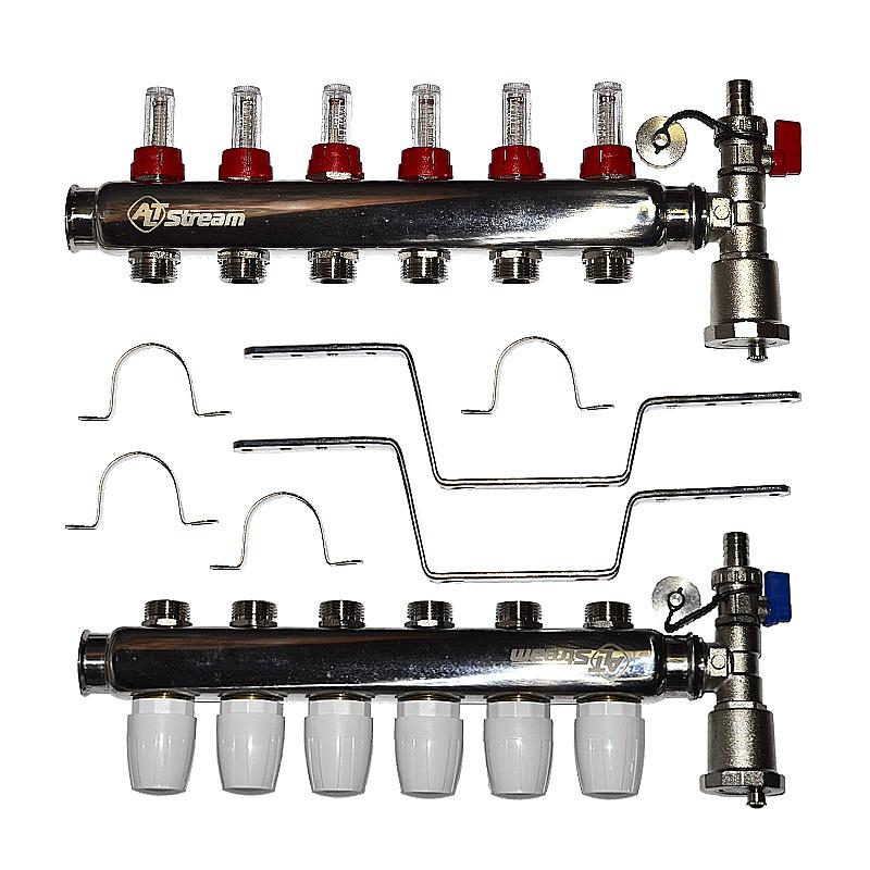 Группа коллект. 1"х3/4" 6вых. в сборе (расходомеры, дрен.кран, авт.возд.отв) 90гр, 8бар, нерж.сталь